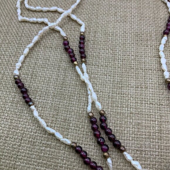 Freshwater Seed Rice Pearl Garnet Beads Multi Strands Vintage Necklace - Picture 6 of 8